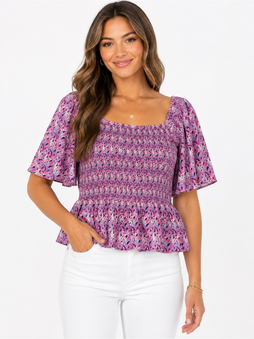 Simply Southern Paisley Smocked Peplum Top XL Pink Purple Flutter Sleeve